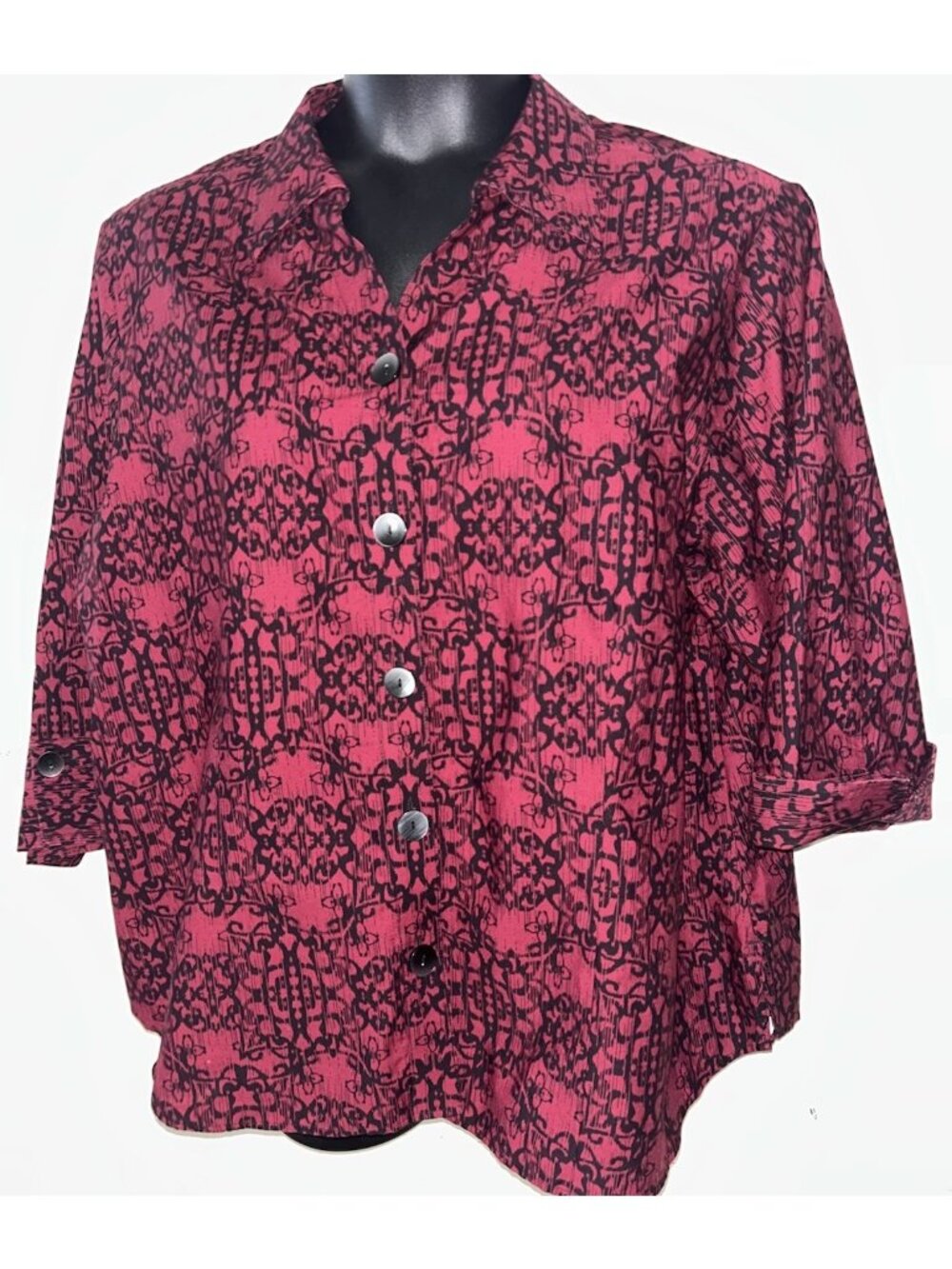 Westbound Woman Sz 22W Red Black Wrinkle Free 3/4 Sleeve Button Up Shirt EUC